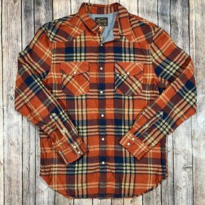 Lucky Brand Plaid Pearl Snap Flannel Long Sleeve Button Shirt Medium Mens Orange